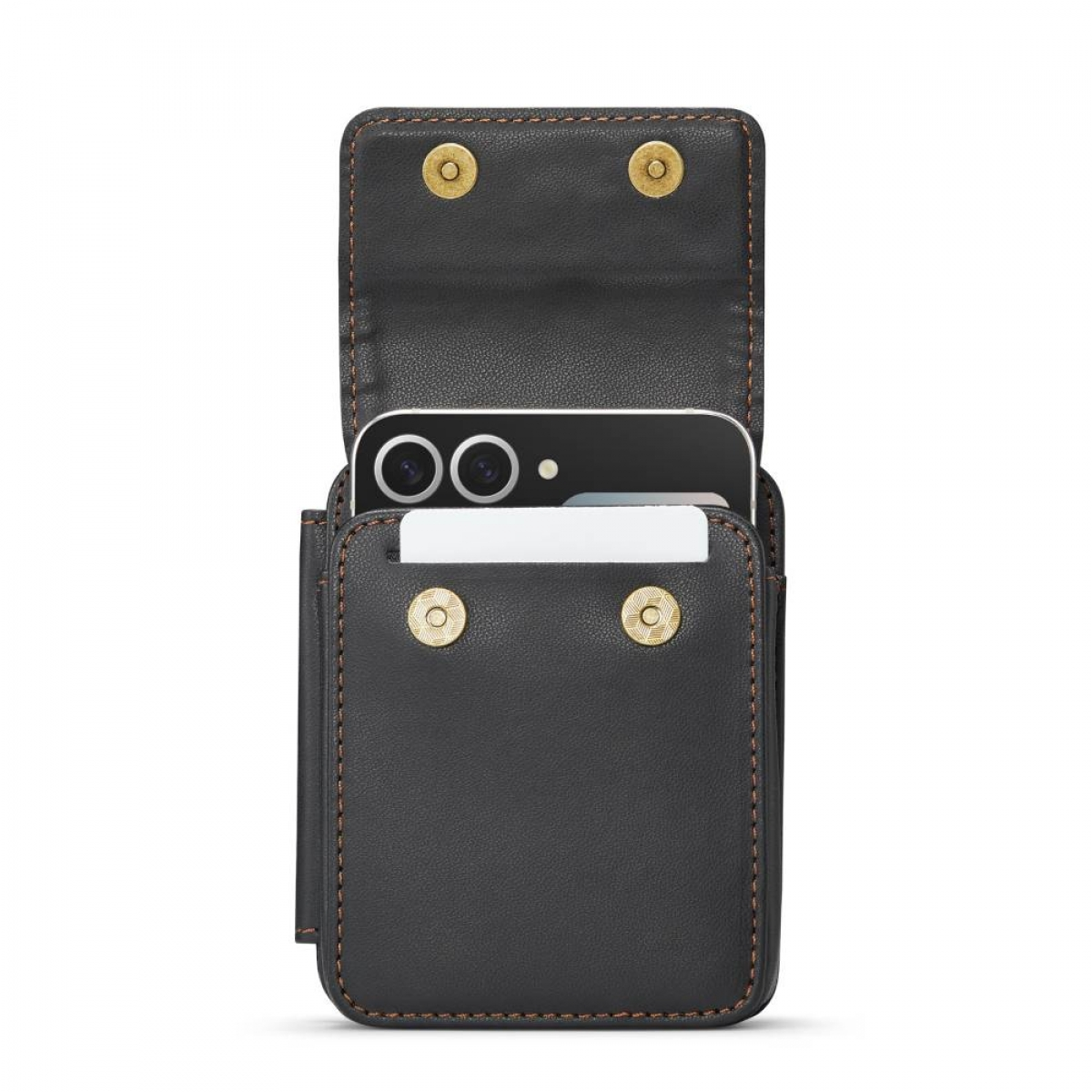 Schwarze Handyhülle, die ein Telefon im Inneren freigibt. Goldene Knöpfe.