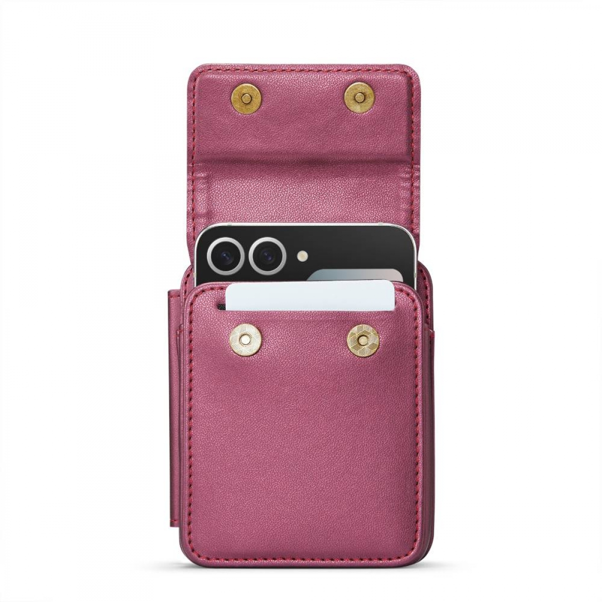Eine rosa Handyhülle mit einem Telefon darin. Es gibt ein Kartenfach. Die Hülle ist offen.