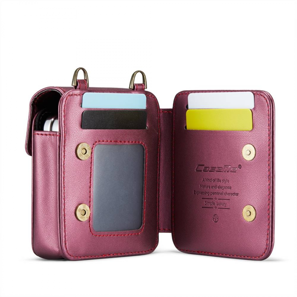 Eine rosa Handyhülle mit Karten und einem Telefon. Die Hülle ist offen, mit einem Riemen.