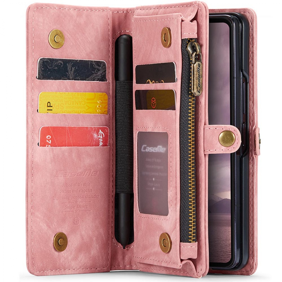 Eine rosa Handyhülle mit Karten, Stift und einem Telefon. Die Hülle ist offen und hat einen Reißverschluss.