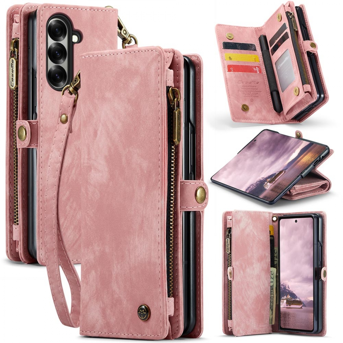 Eine rosa Handy-Geldbörsenhülle mit mehreren Fächern und einer Handschlaufe wird gezeigt.