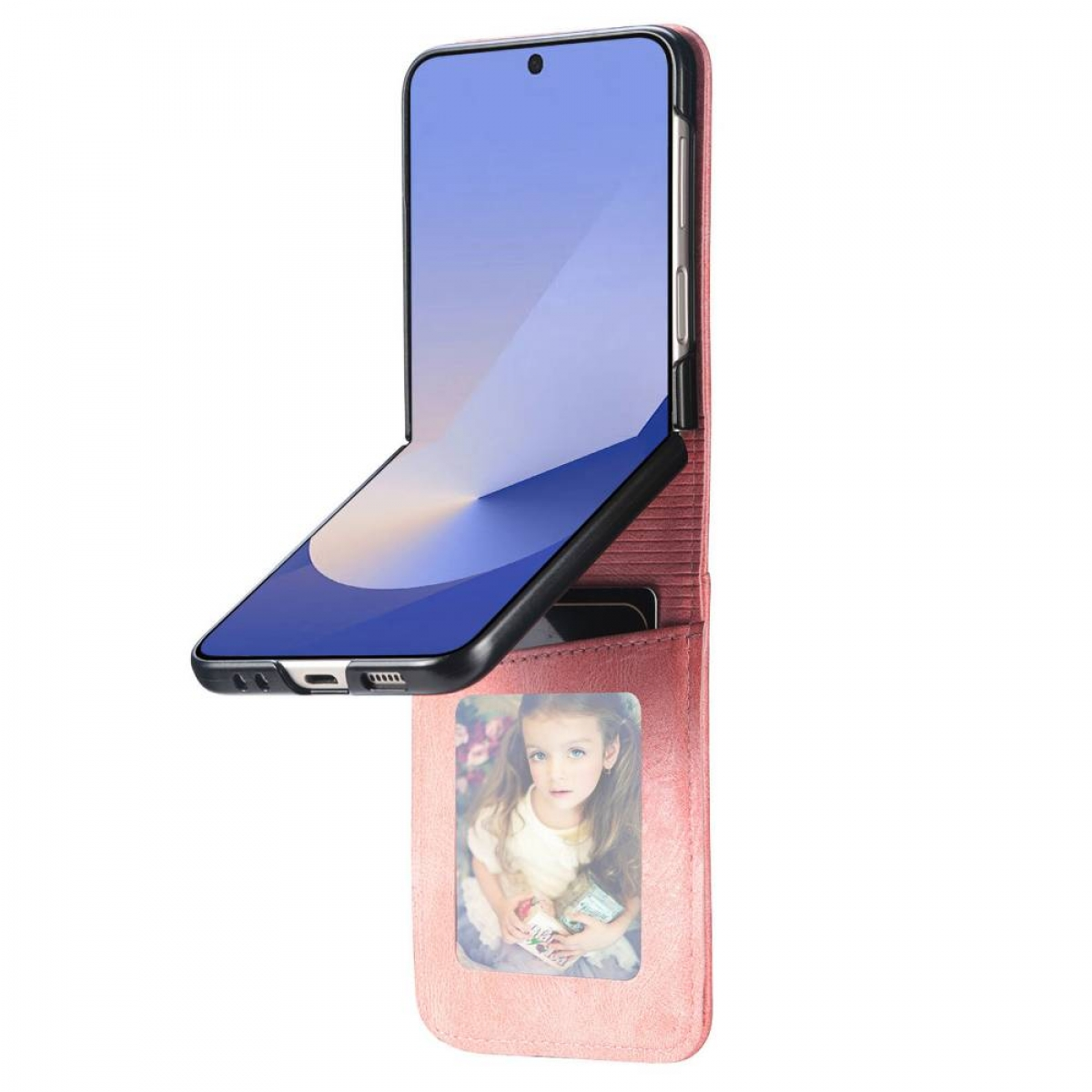 Eine rosa Handyhülle mit einem Foto. Das Telefon ist offen und hat einen Bildschirm.
