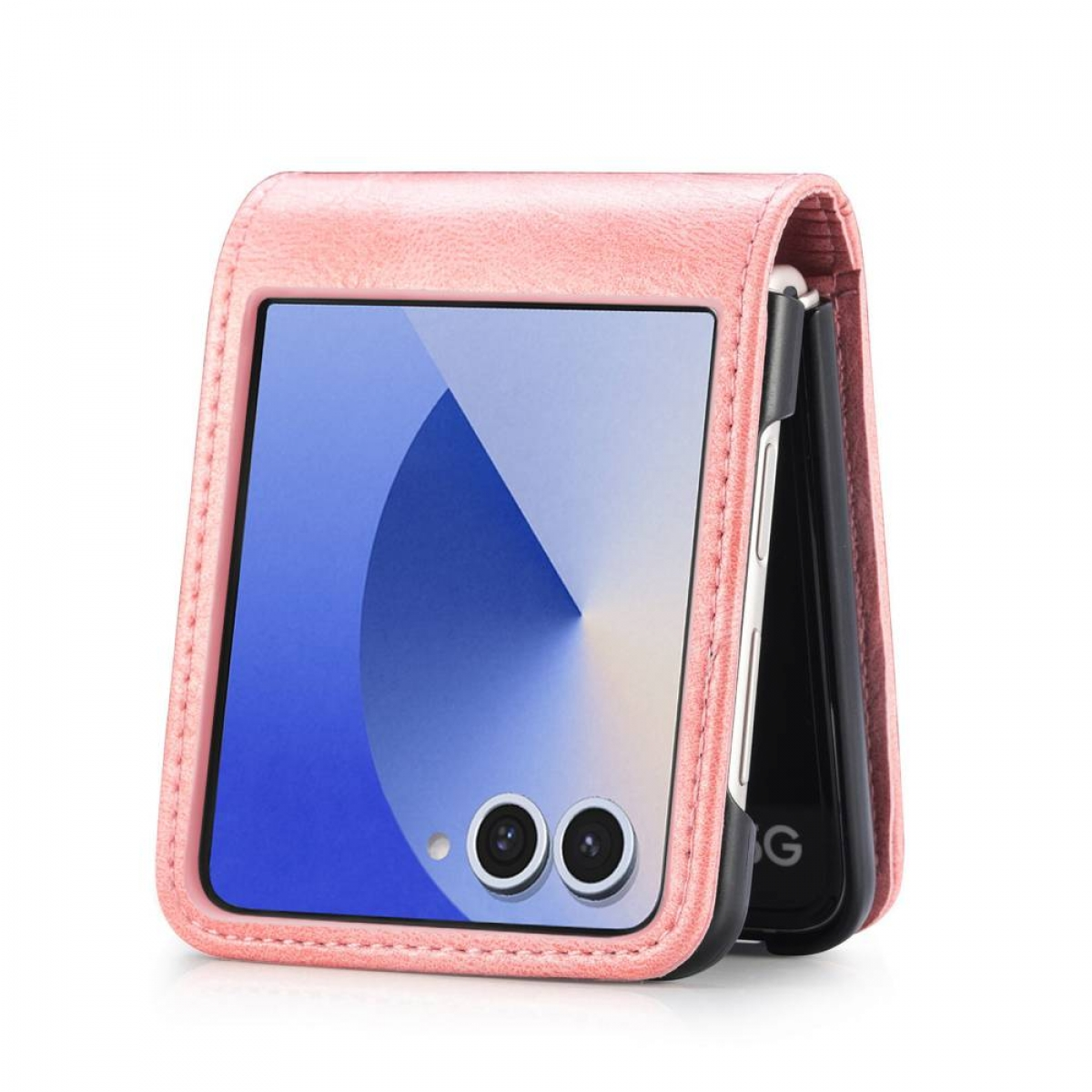 Eine rosa Handyhülle mit einem teilweise geöffneten Telefon.