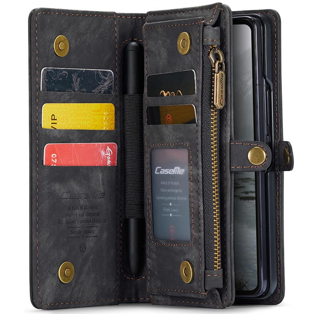Schwarzes Leder-Handy-Portemonnaie. Mit Kartenfächern, Reißverschlusstasche, Stift und Knopfverschluss.