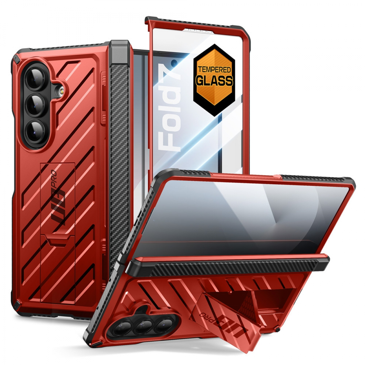 Custodia per telefono rossa con supporto. Mostra il telefono nella custodia e la protezione per lo schermo in vetro temperato.