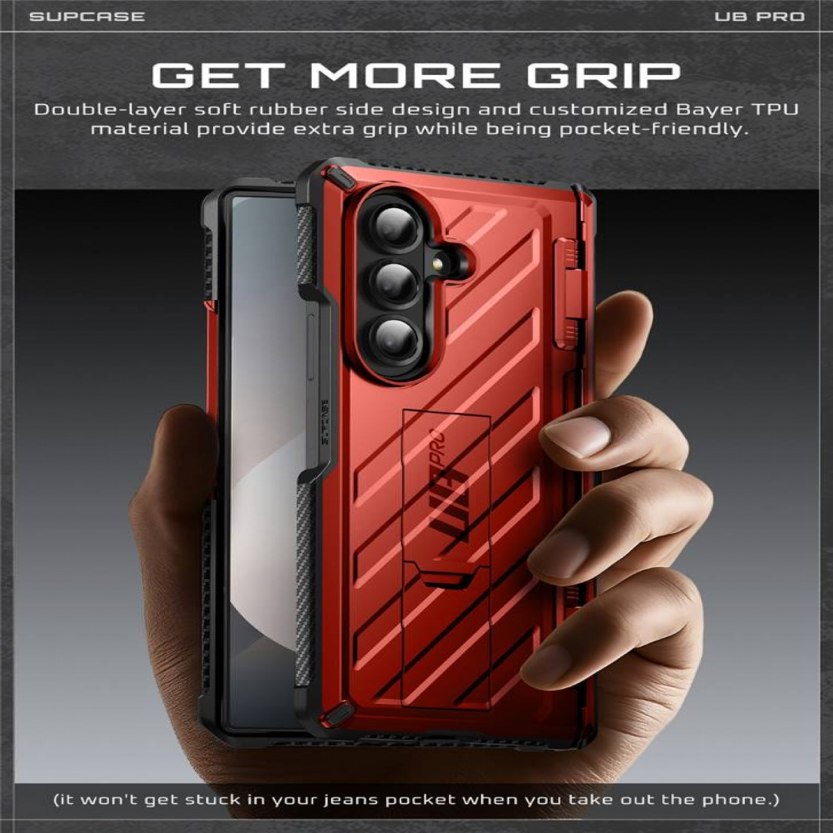Custodia per telefono rossa con supporto, tenuta in mano. Ha un design robusto e un supporto.