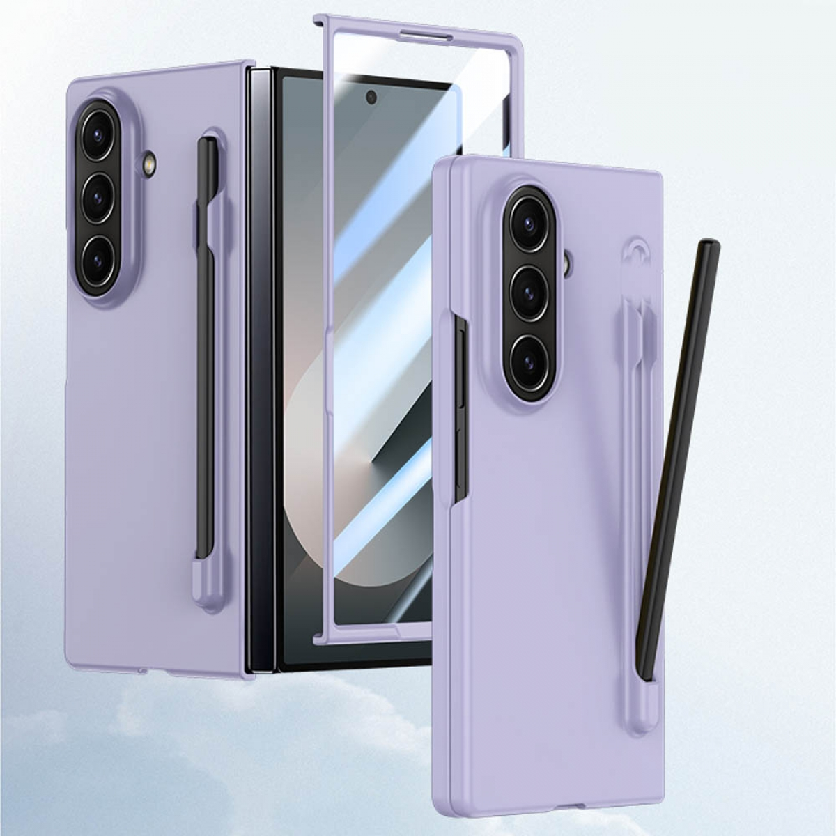 Lila Handyhülle mit Stift und Telefon. Dreiteiliges Design: Hülle, Displayschutz und Telefon.