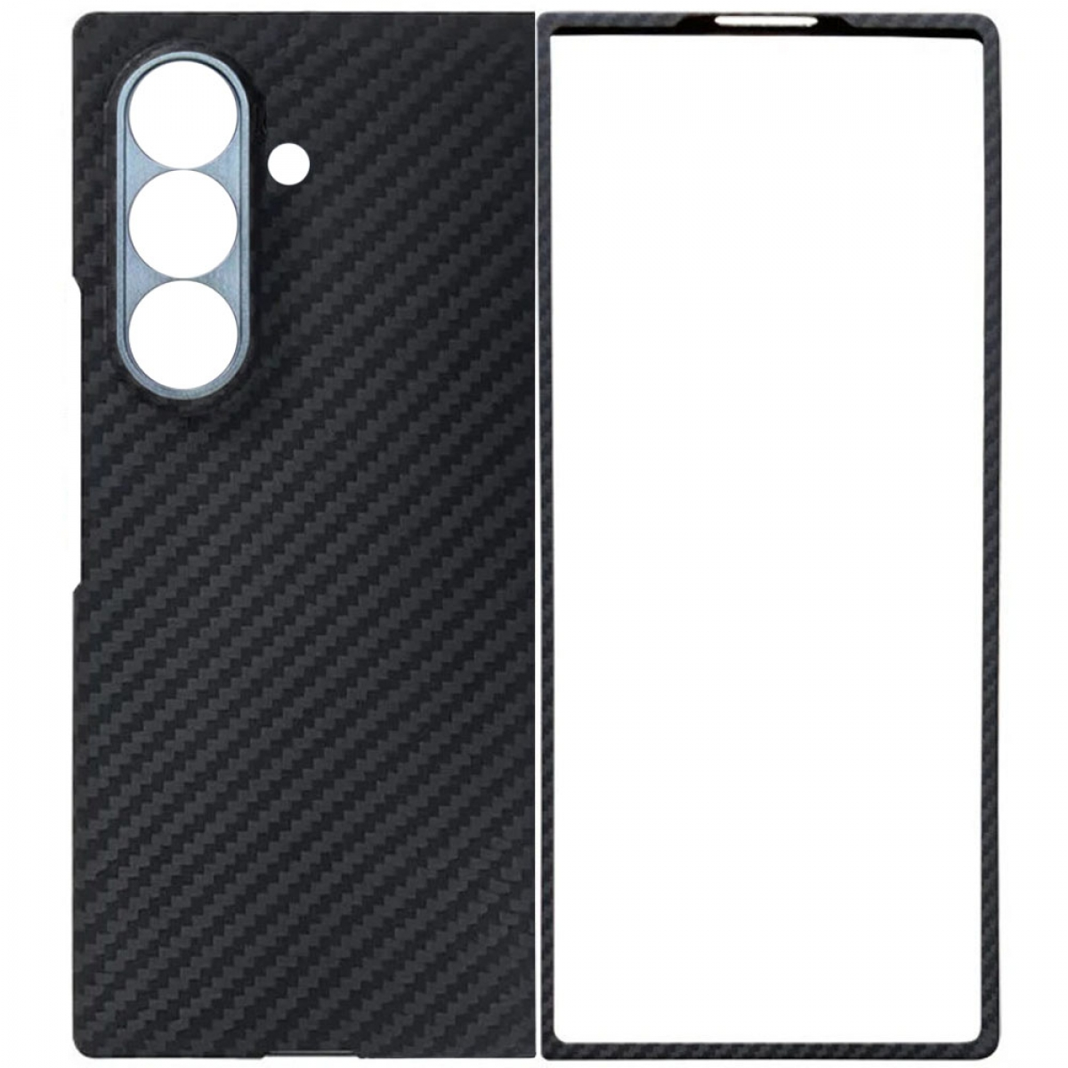 Eine schwarze Handyhülle aus Kohlefaser mit einem Loch für die Kamera. Die Hülle ist für ein faltbares Telefon.