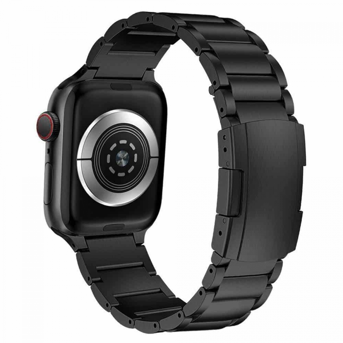 Schwarze Apple Watch mit schwarzem Metallarmband, die Rückseite und Seite der Uhr werden gezeigt.
