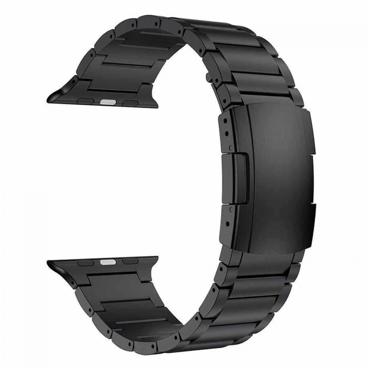 Ein schwarzes Metall-Uhrenarmband. Das Armband ist gebogen und hat einen Verschluss.