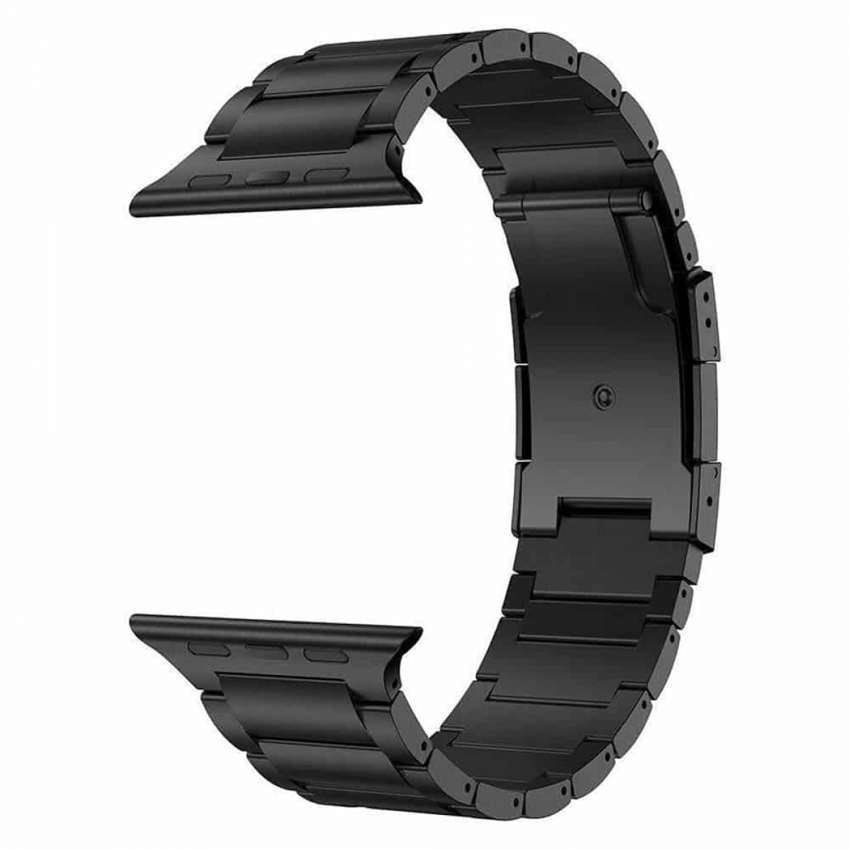 Abgetrenntes schwarzes Metall-Uhrenarmband, das den Verschluss und die Endstücke zeigt.