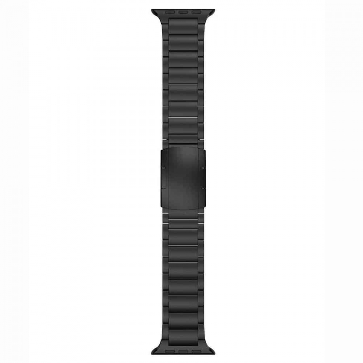 Schwarzes Metall-Uhrenarmband, geschlossen, mit einem Clip zum Befestigen.