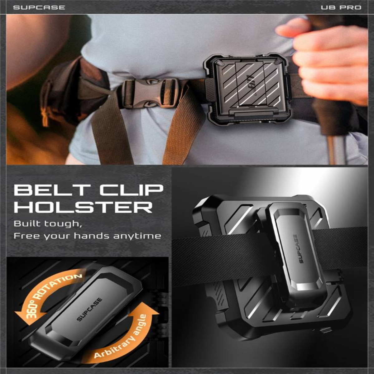 Handyhülle mit Gürtelclip-Holster, Person, 360-Grad-Drehung.