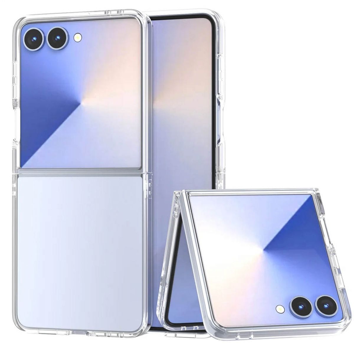 Mehrere transparente Handyhüllen. Telefone sind gefaltet und haben zwei Kameras. Die Bildschirme sind blau.