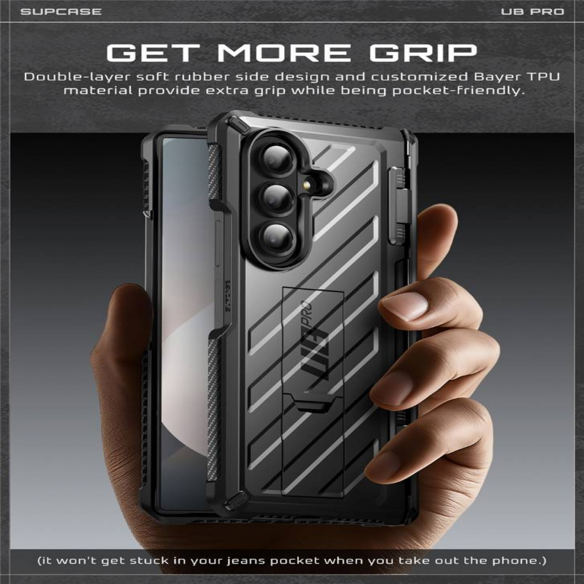 Eine Hand hält ein Telefon mit schwarzer Hülle. Auf der Hülle steht "GET MORE GRIP" und "UB PRO".