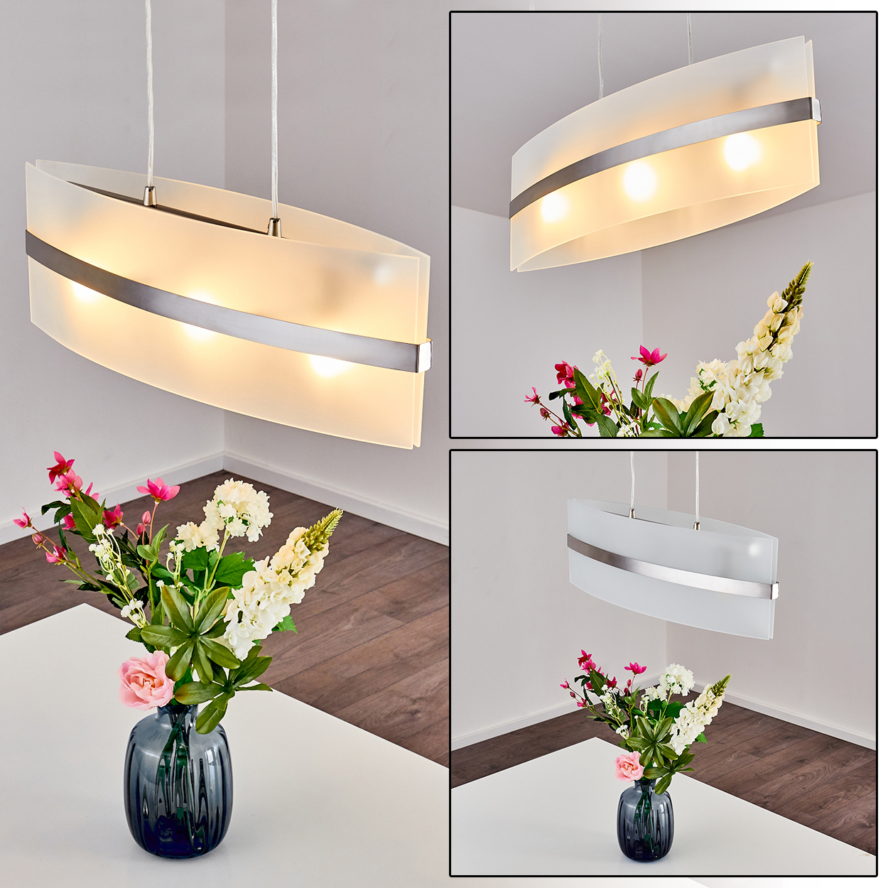 Eine Collage von Bildern. Eine weiße Deckenlampe über einem Tisch mit Blumen in einer dunklen Vase.