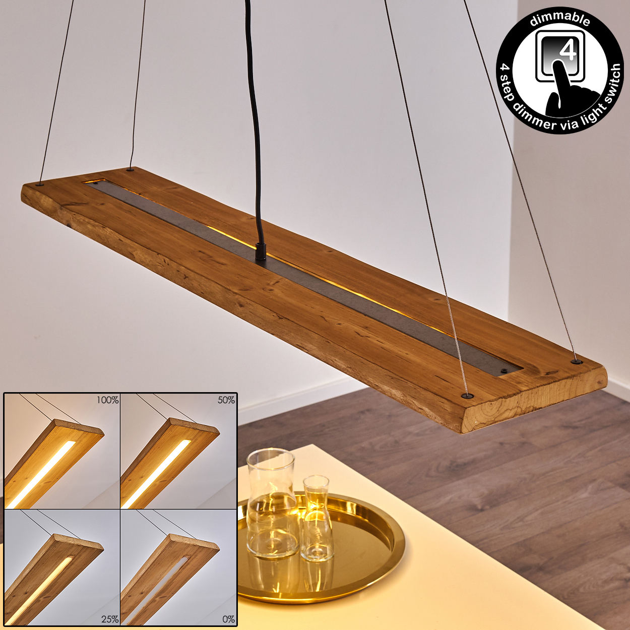 Eine Holzbalken-Deckenleuchte mit zentralem LED-Licht und Dimmerschalter-Symbol.