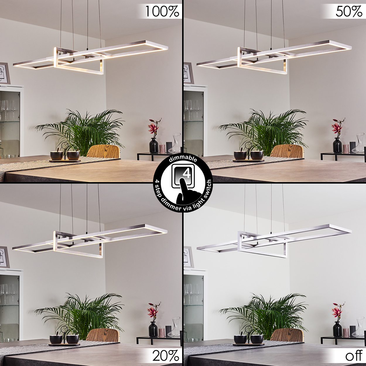 Vier Bilder, die eine dimmbare Deckenleuchte mit wechselnden Lichtstärken und einem 4-Stufen-Dimmer zeigen.