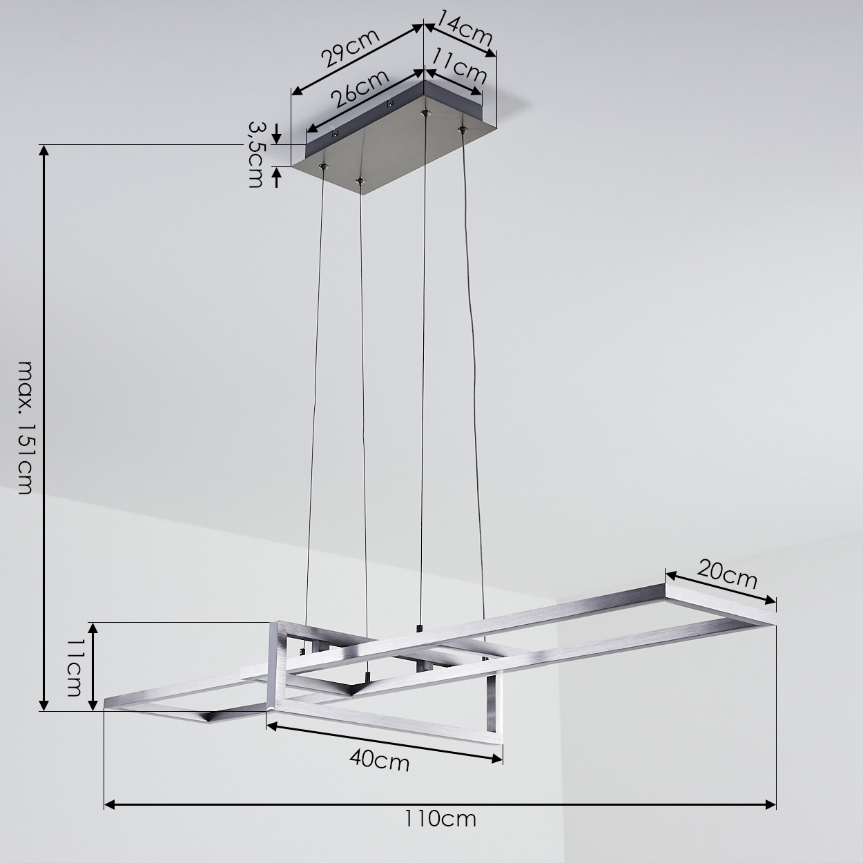 Silberne Metallleuchte mit beschrifteten Abmessungen. Rechteckige Basis und quadratischer Rahmen.