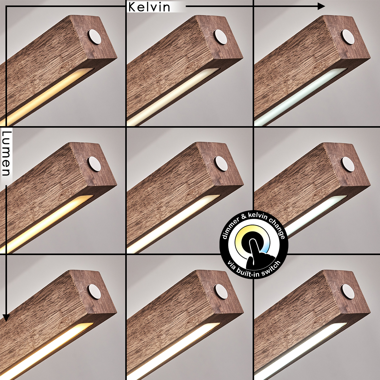 Neun Bilder der Holz-Pendelleuchte mit verschiedenen Farbtemperaturen. Mit eingebautem Dimmschalter.