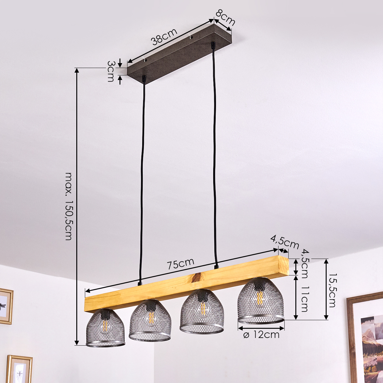 Hängelampe mit vier Lichtern, Abmessungen und Maße werden an einer weißen Decke gezeigt.