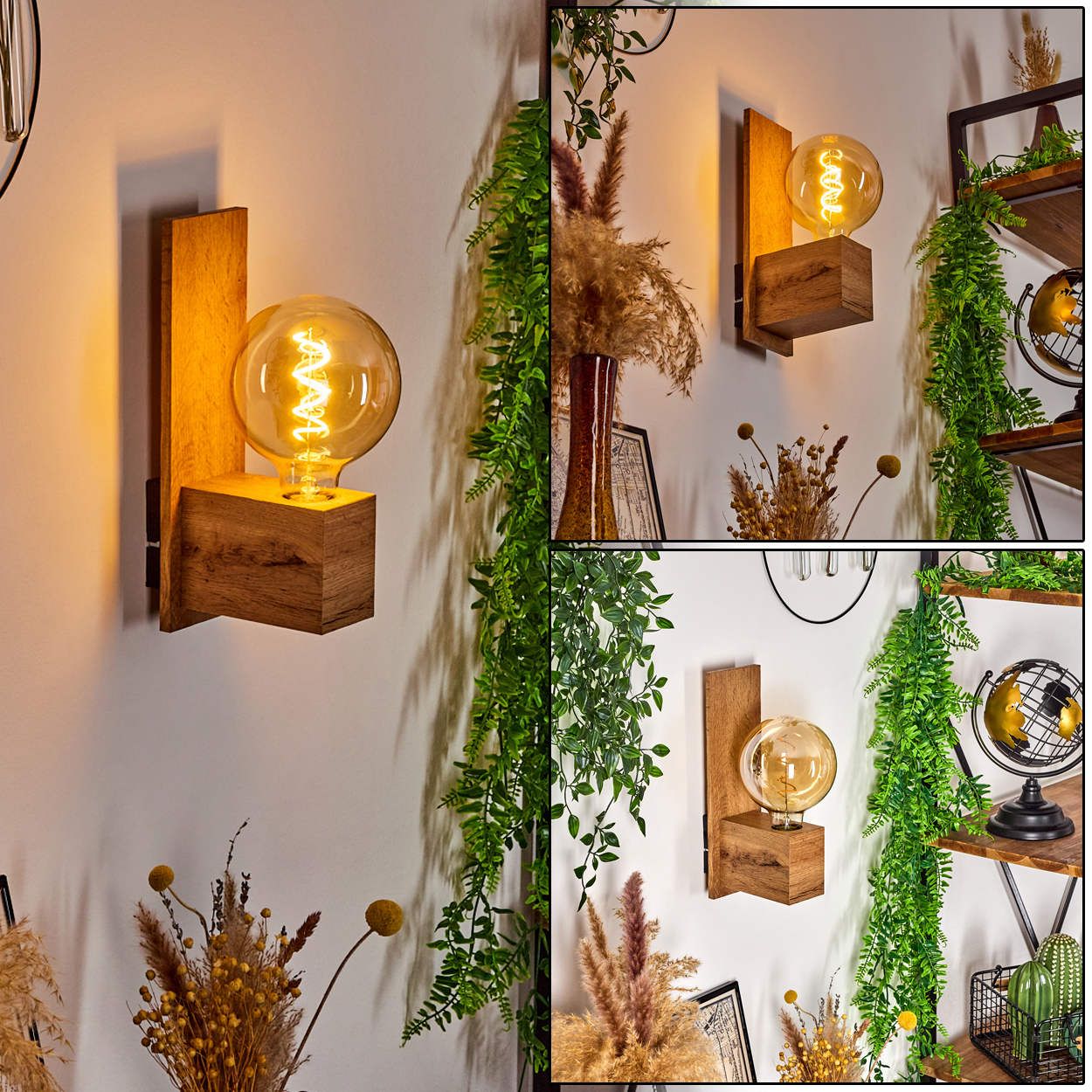 Holz-Wandlampe mit großer Glühbirne. Grüne Pflanzen und Trockenblumen im Hintergrund.