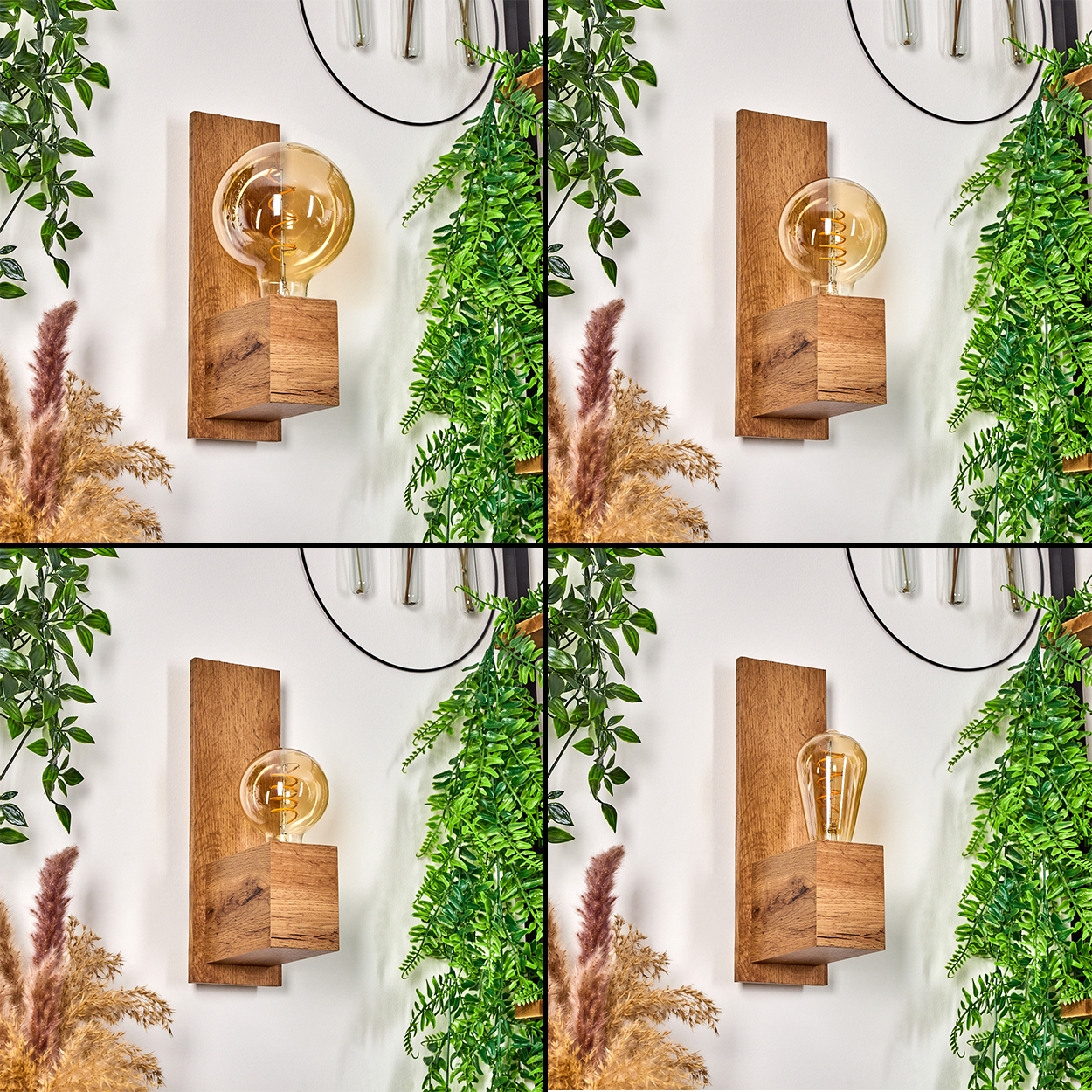 Vier Bilder: Wandlampen aus Holz mit Glühbirnen und Holzblöcken. Grünes Laub im Hintergrund.