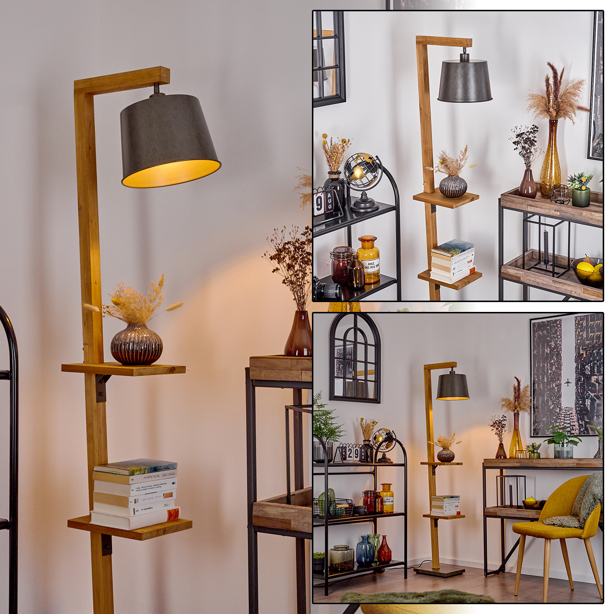 Stehlampe mit Holzrahmen, Ablagen und Lampenschirm, neben Regalen mit Gegenständen.
