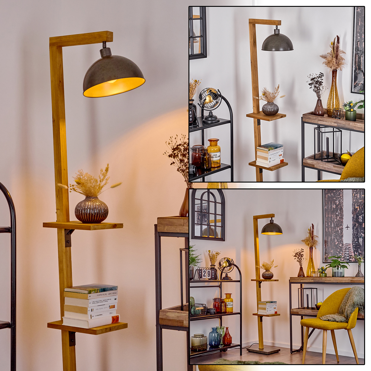 Mehrere Bilder einer Stehlampe mit Regalen, Lampe und Deko, mit Maßen.