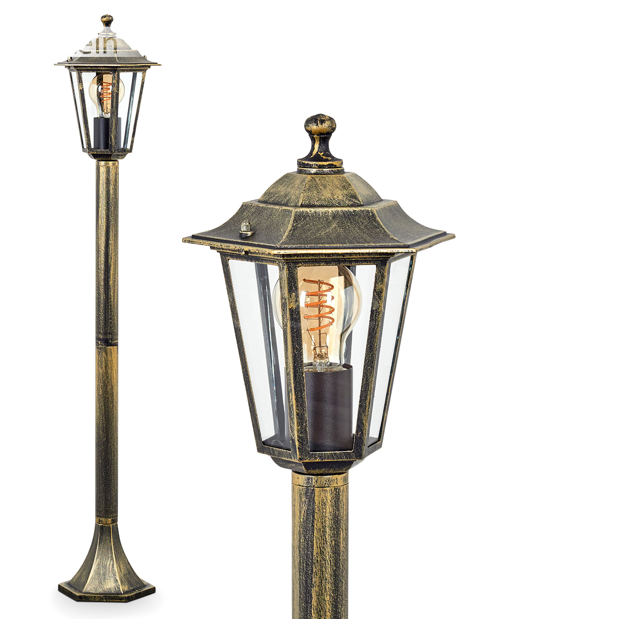 Goldfarbene Straßenlaterne mit Glaseinfassung und Glühbirne. Vintage-Design mit dekorativer Spitze.
