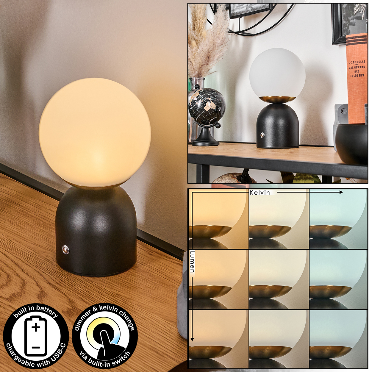 Eine Tischlampe mit weißem Kugelschirm und schwarzem Sockel, die einstellbare Farbtemperatur- und Helligkeitseinstellungen zeigt.