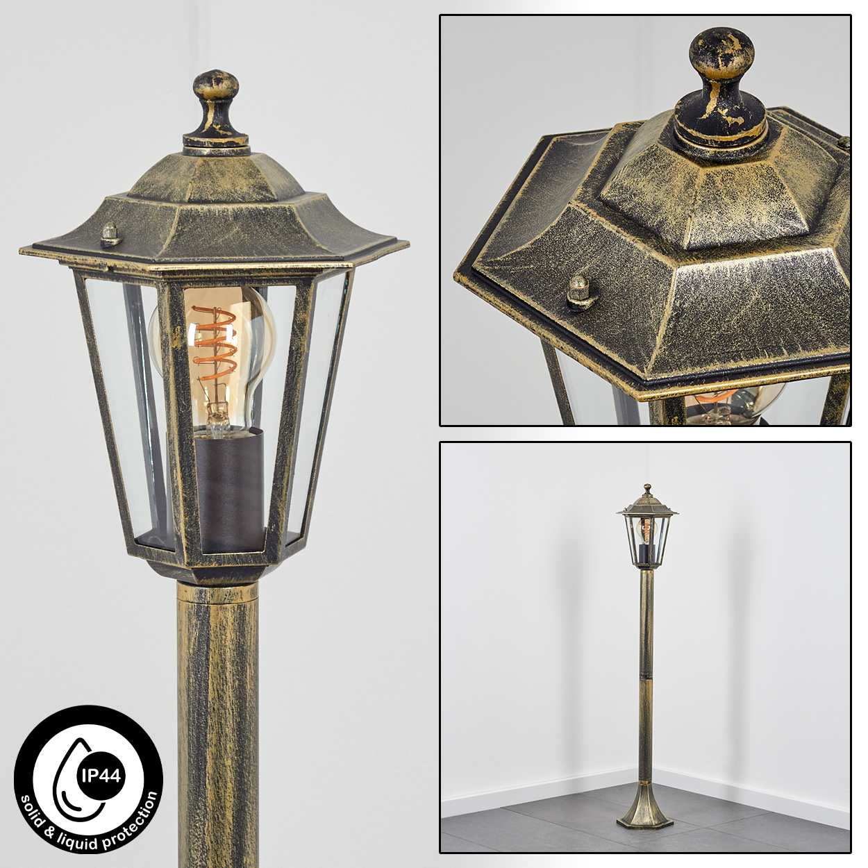 Gold-schwarze Außenlampe. Laternenstil, mit Glaspaneelen. Zeigt IP44-Schutz.