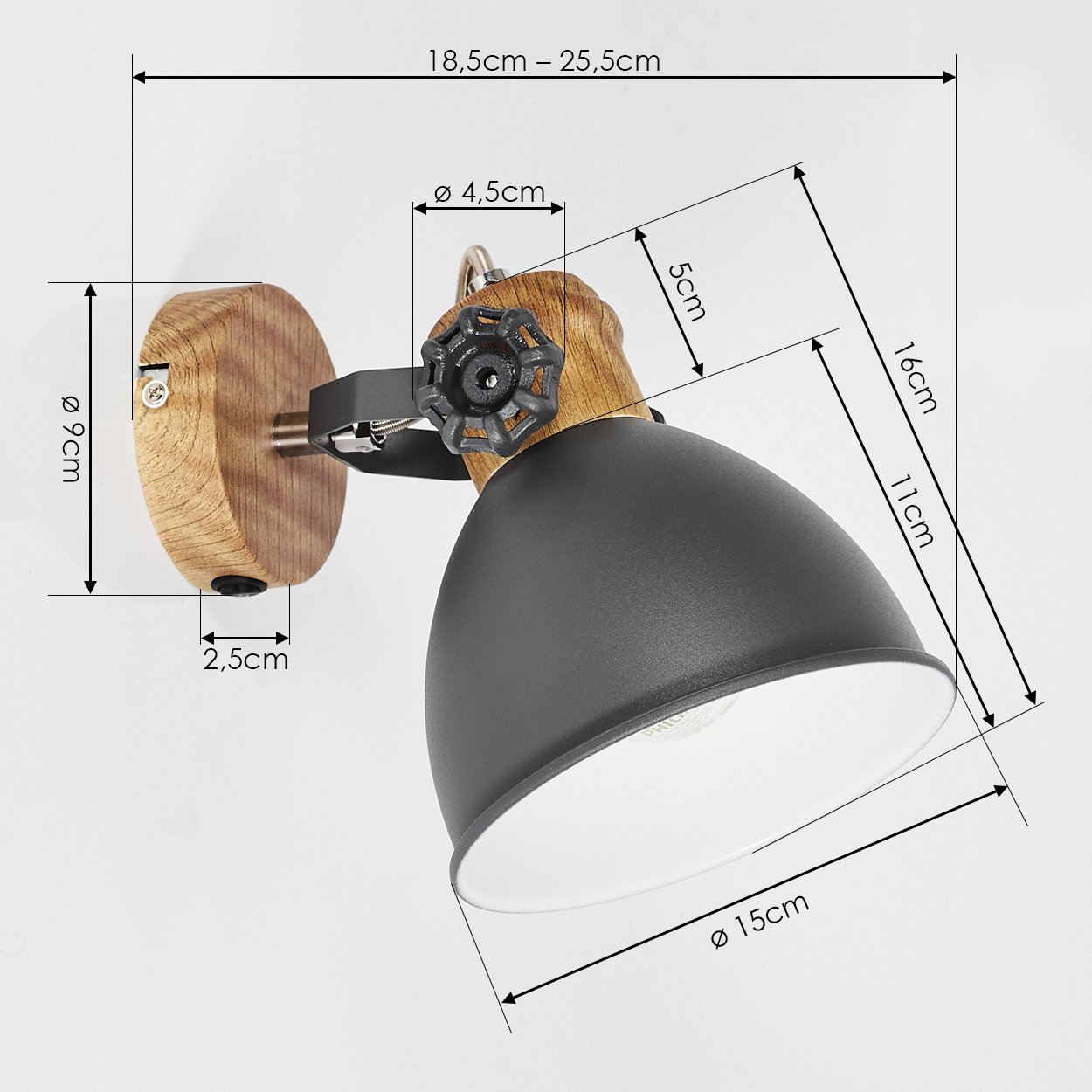 Wandleuchte mit Holzsockel und schwarzem Lampenschirm, Maße sind angegeben.