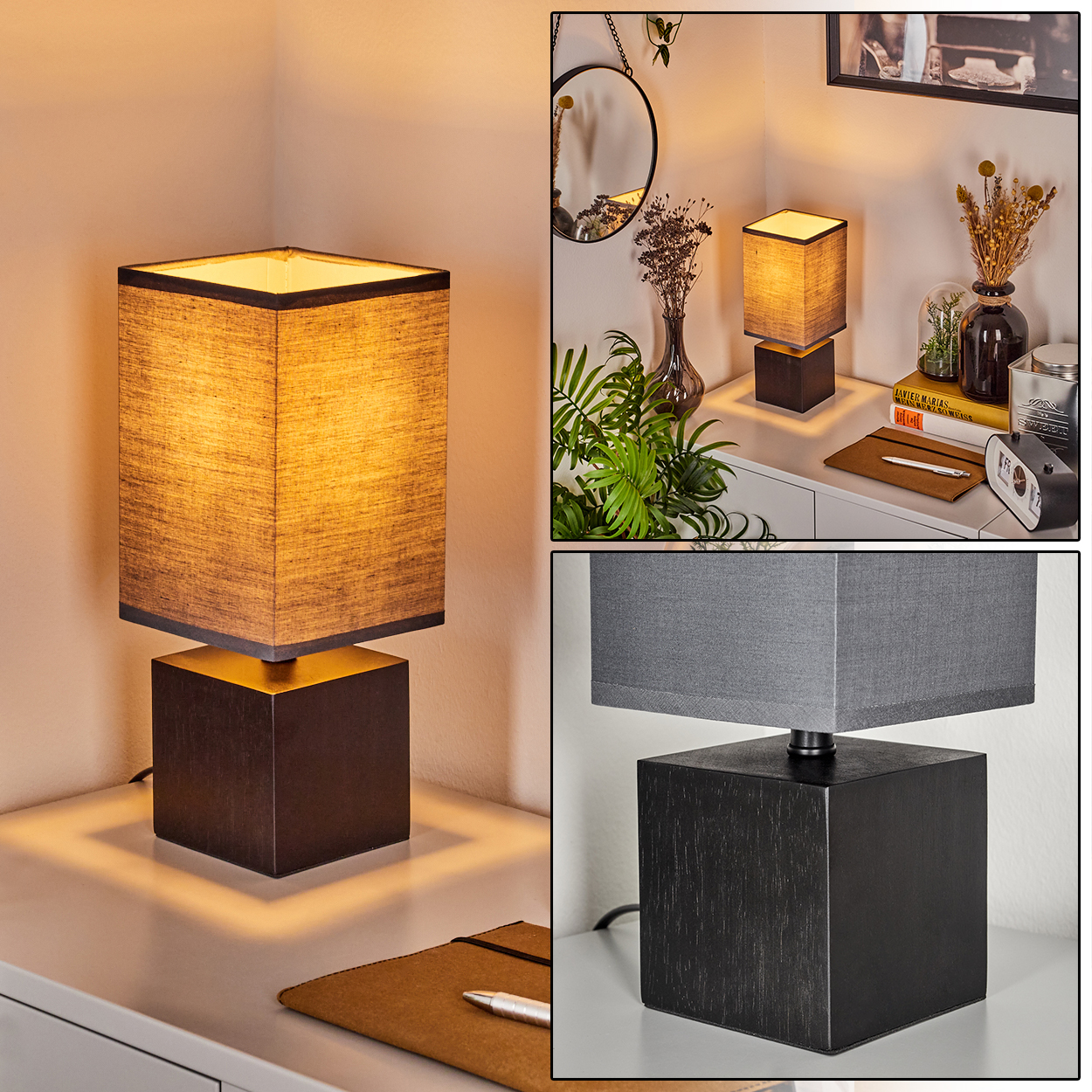 Dreiteiliges Bild einer quadratischen Lampe mit dunklem Holzsockel und grauem Stoffschirm.