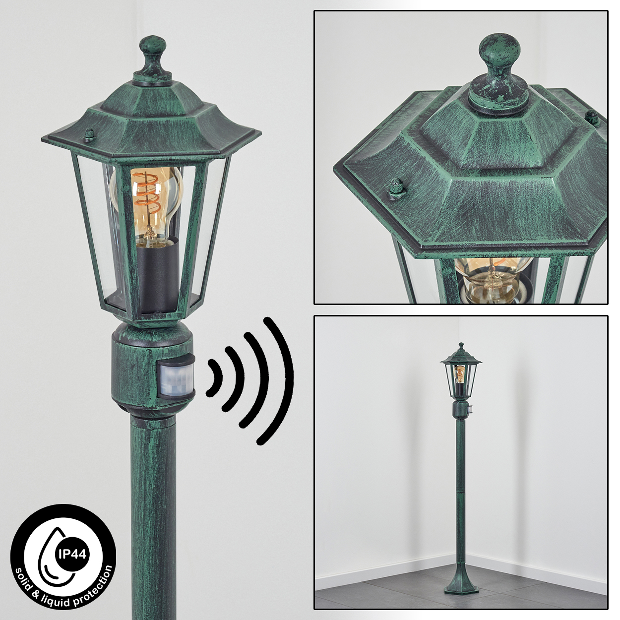 Grüne Außenlampe mit Bewegungssensor, IP44. Drei Ansichten zeigen Lampendetails.