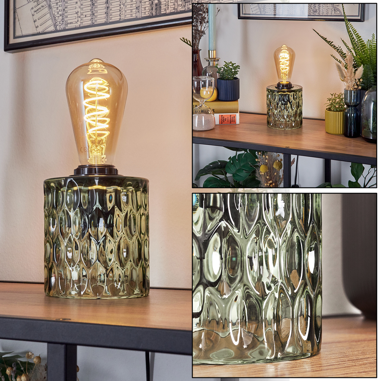 Eine Lampe mit einer Glühbirne, einem Glassockel mit einzigartigem Design, steht auf einem Holzregal.