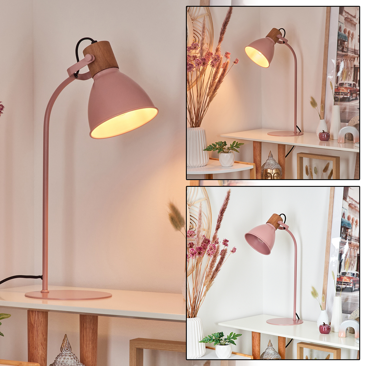Eine rosa Schreibtischlampe mit einem weißen Tisch und etwas Dekoration. Drei Bilder zeigen verschiedene Winkel.