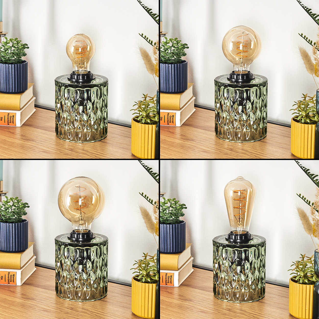 Vier Bilder einer Lampe mit Edison-Glühbirne. Die Lampe steht auf einer Holzoberfläche.