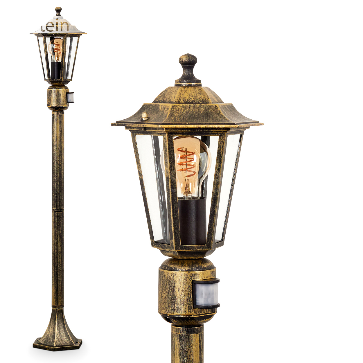 Goldene und bronzefarbene Außenlaterne mit Edison-Glühbirne. Weißer Hintergrund.