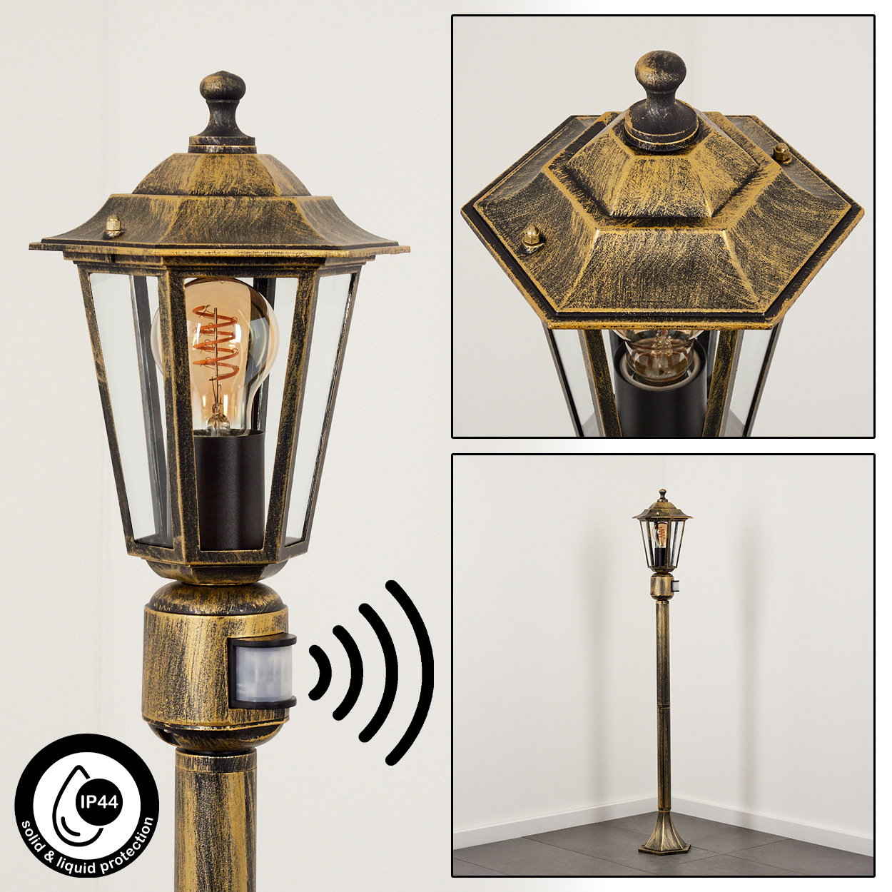 Eine Außenlampe mit Bewegungssensor. Sie hat eine goldene Farbe mit schwarzen Akzenten und einen klaren Glasschirm.