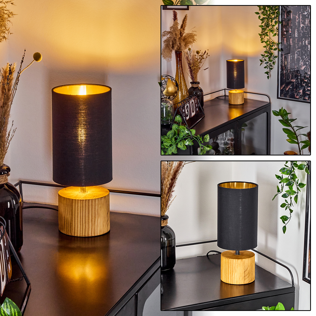 Drei Bilder einer Tischlampe mit schwarzem Schirm und Holzfuß. Gegenstände auf dem Tisch. Dunkler Raum.