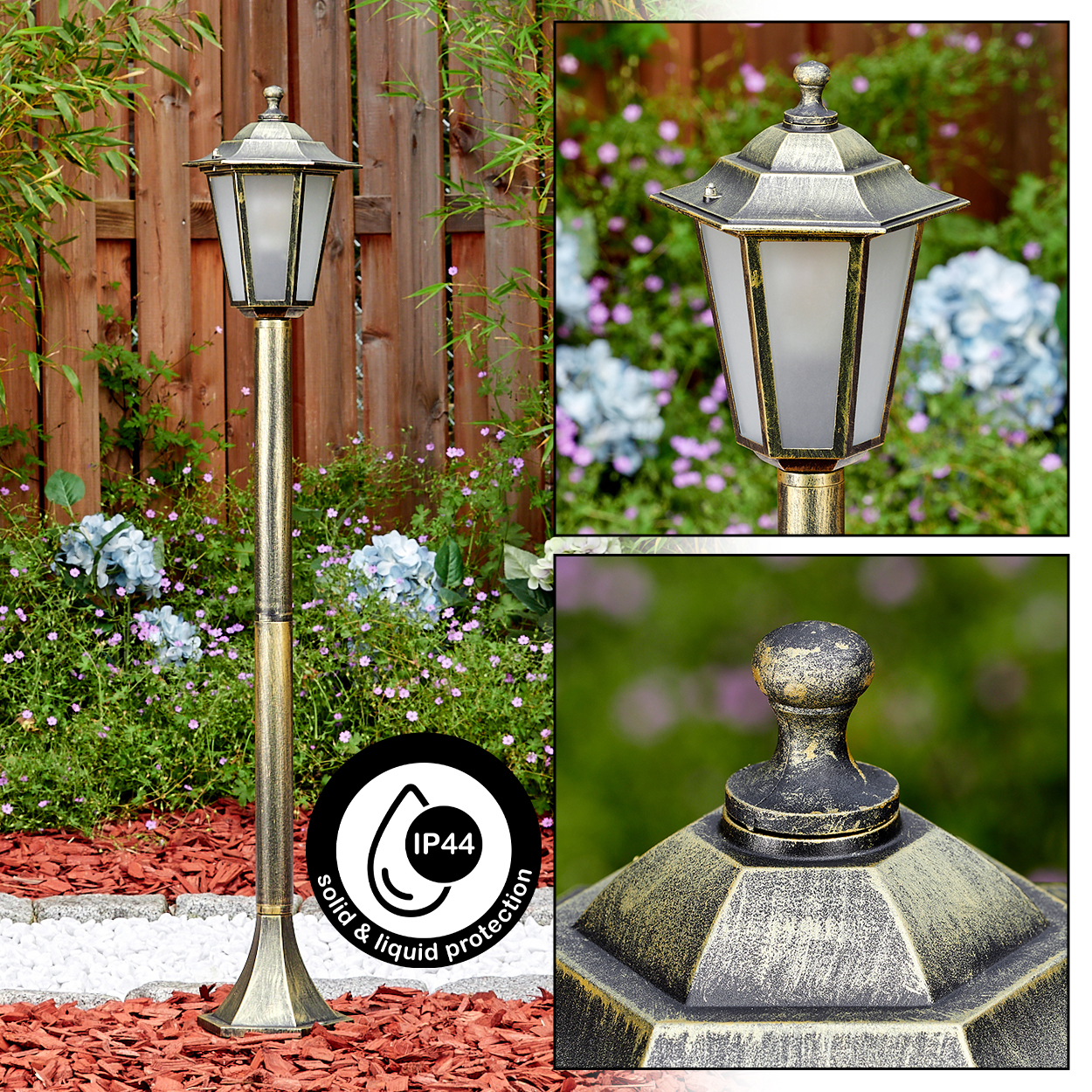 Außenlampenpfosten mit dekorativen Details. Die Lampe ist gold und weiß, mit blauem Himmel.