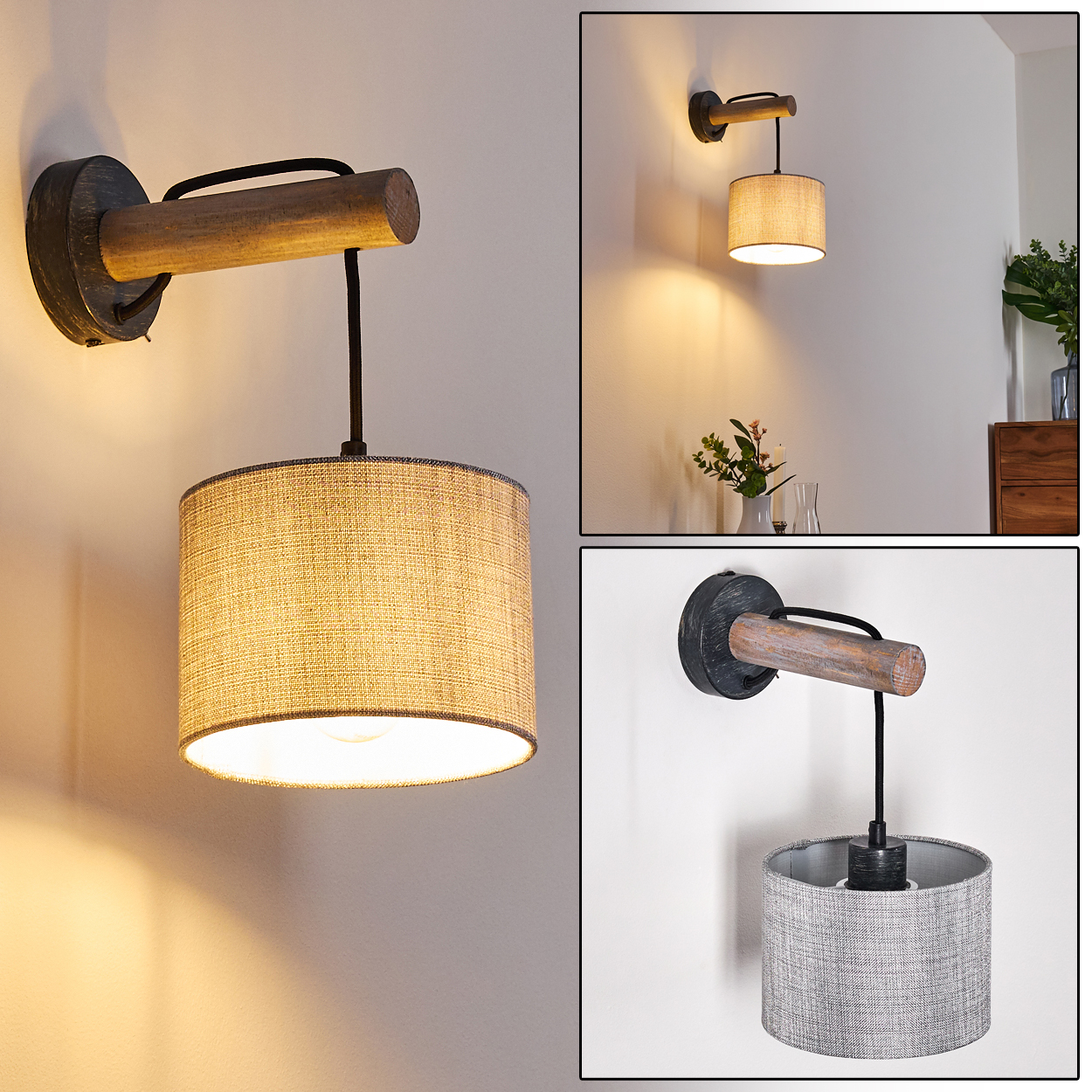 Wandleuchte mit Holzbogen und Stoffschirm. Das Licht ist an.