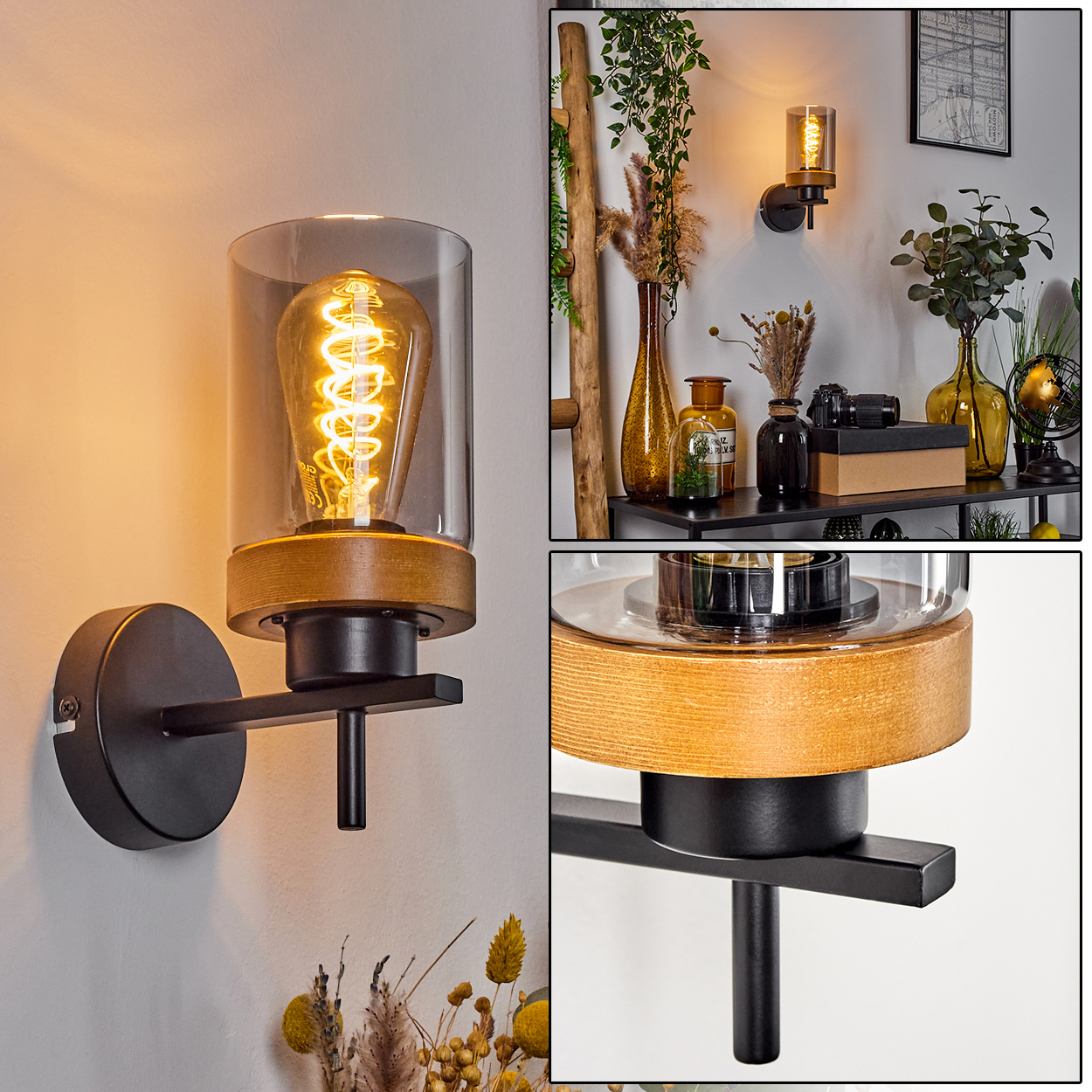 Eine schwarze Wandlampe mit Holzakzent und einem klaren Glaszylinder. Eine Edison-Glühbirne ist innen.