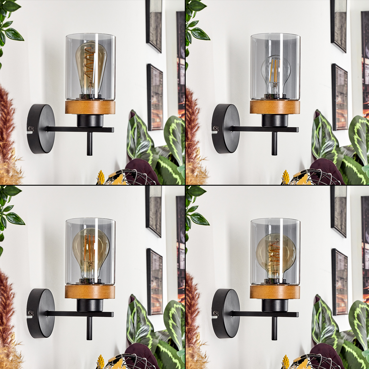 Vier Bilder einer Wandlampe mit Holzsockel und Glaszylinderschirm.