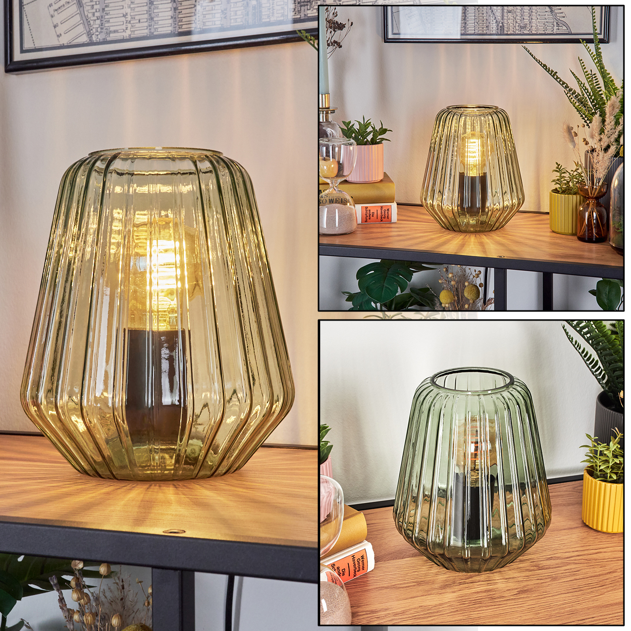 Eine grüne Glaslampe mit sichtbarer Glühbirne steht auf einem Holzregal. Die Lampe hat vertikale Linien.