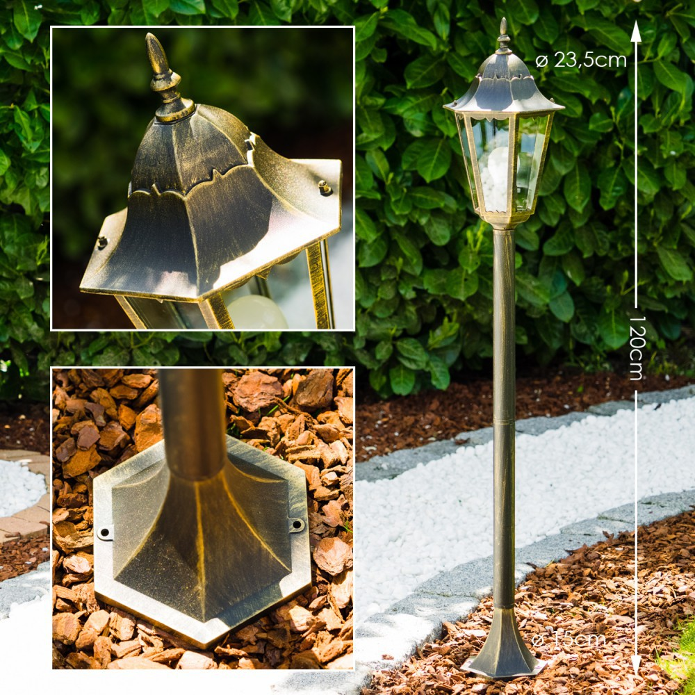 Nahaufnahmen einer bronzenen Außenlampe mit Details von Oberseite, Sockel und der gesamten Laterne.