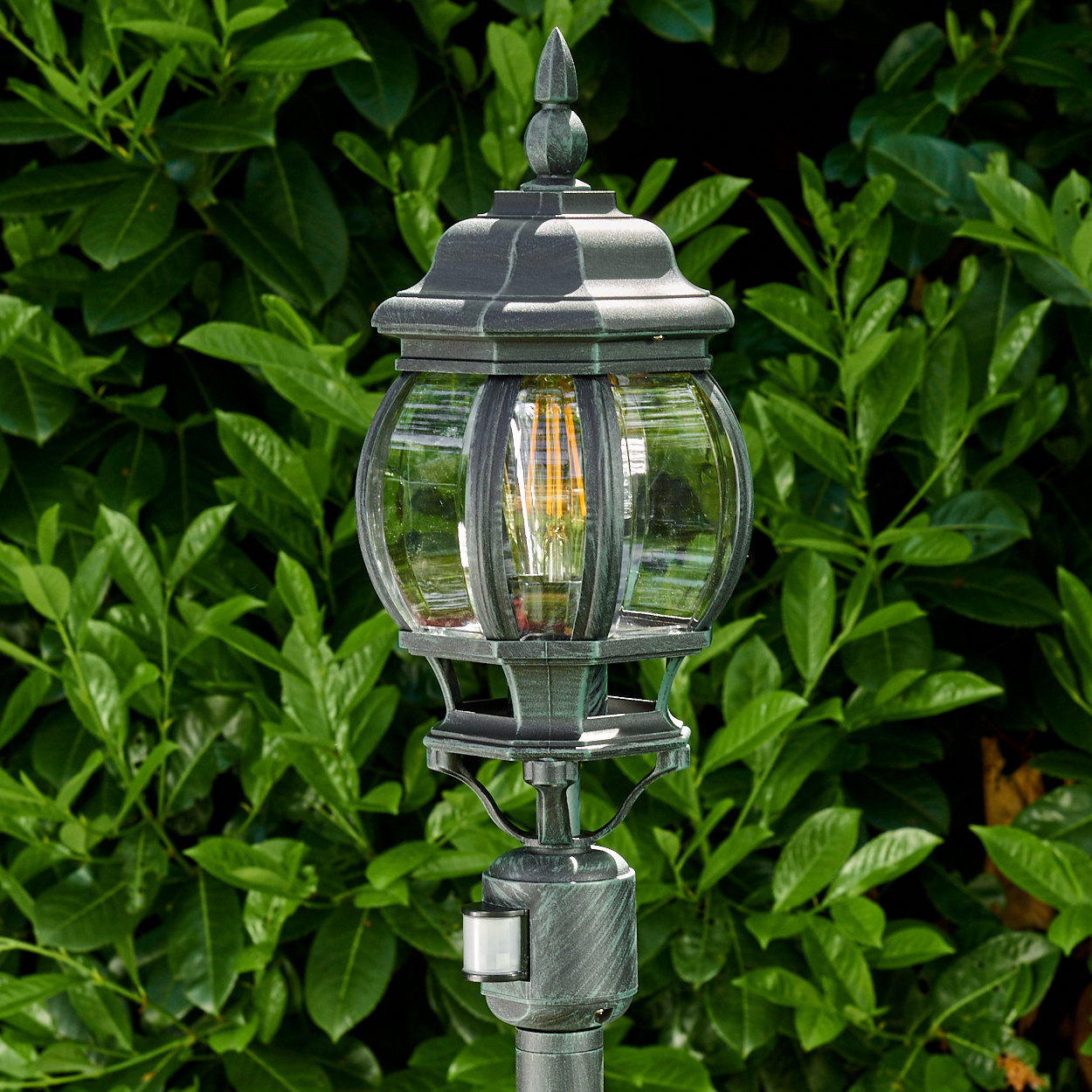 Eine Außenlaterne mit Glaskugel, vor grünem Hintergrund aus Büschen und Gras.
