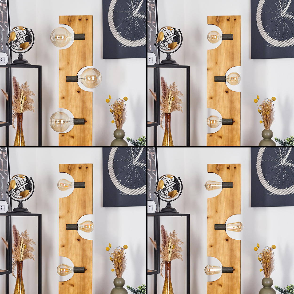 Mehrere Bilder einer Wandlampe mit Holzsockel und Glühbirnen. Hintergrund: weiße Wand und Dekorationsgegenstände.