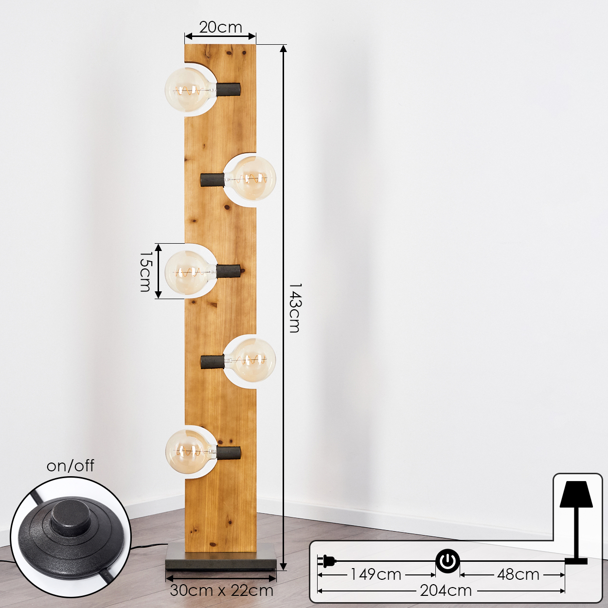 Hohe Holz-Stehleuchte mit Glühbirnen. Abmessungen sind angegeben. Text: ein/aus, Netzstecker und Größenangaben.